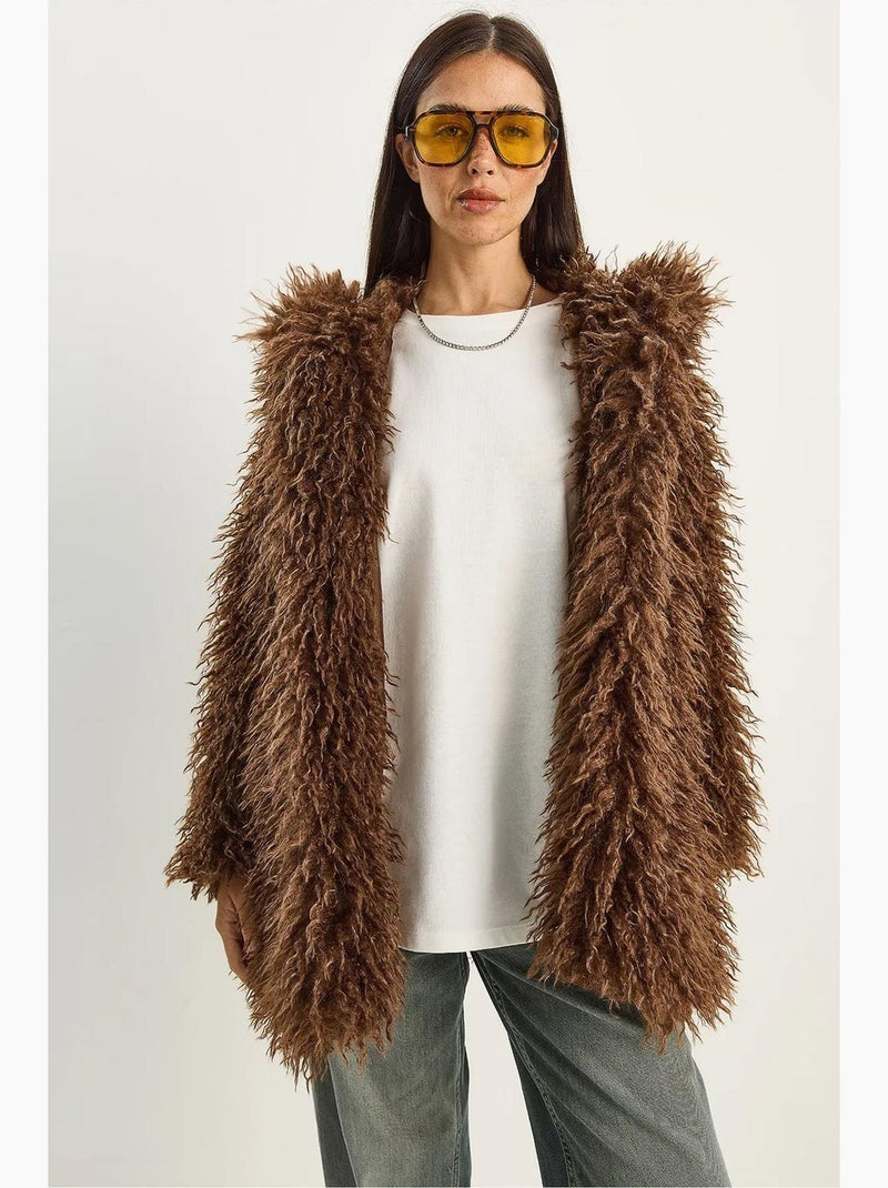 Giacca oversize con cappuccio in pelliccia sintetica lucci Marrone cioccolato - Kiabi