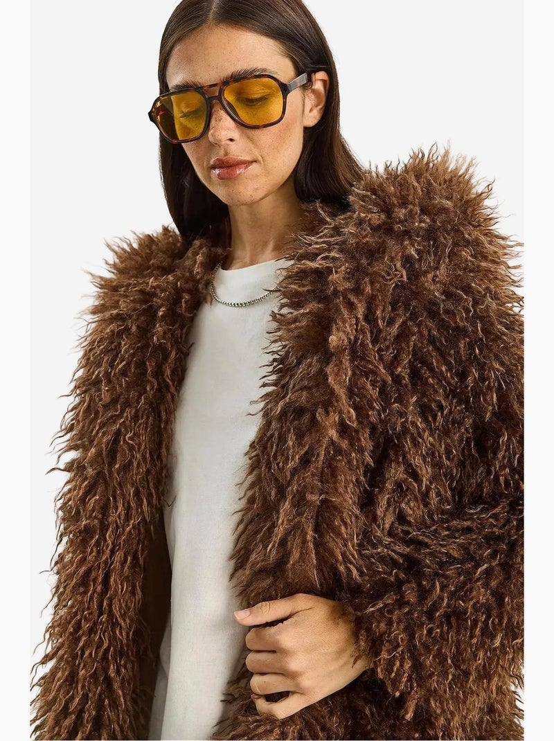 Giacca oversize con cappuccio in pelliccia sintetica lucci Marrone cioccolato - Kiabi