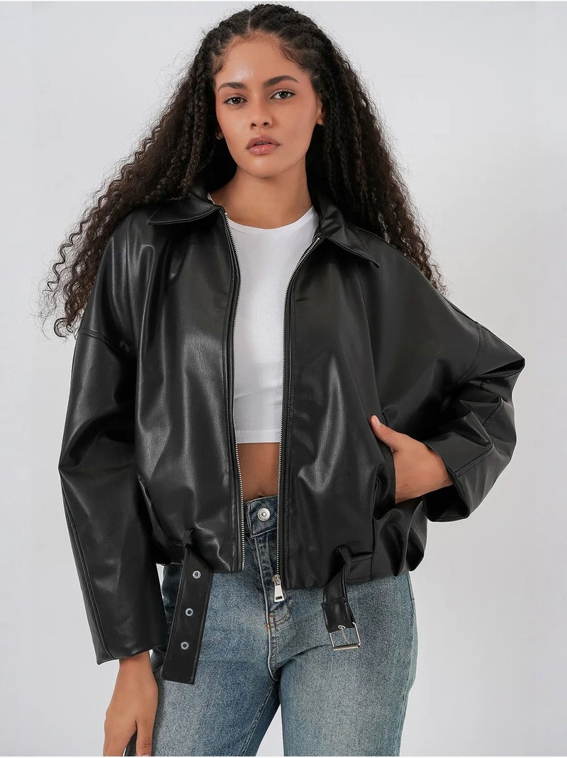 Giacca oversize in ecopelle con cintura bdart Nero - Kiabi
