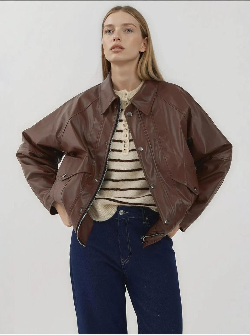 Giacca oversize in ecopelle con tasche hiccup Marrone scuro - Kiabi