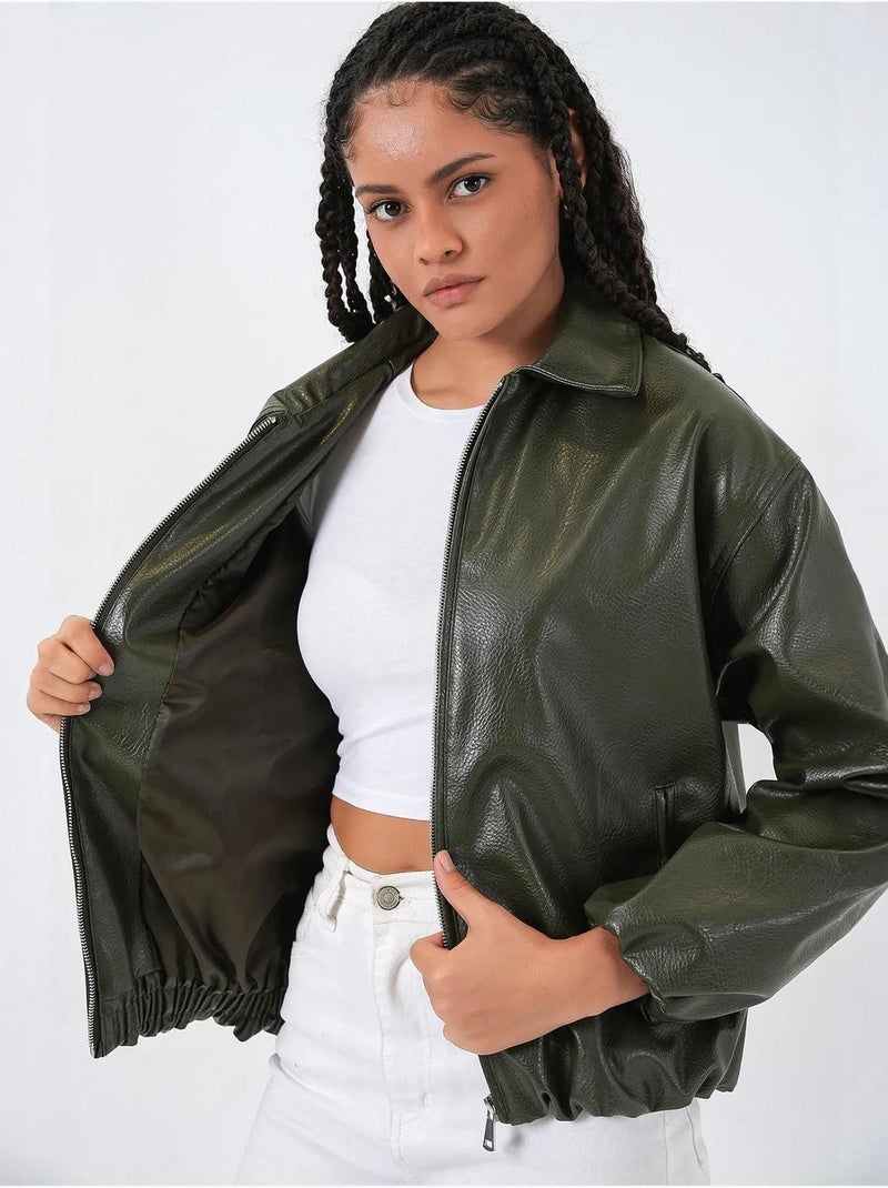 Giacca oversize in ecopelle con zip bdart Cachi - Kiabi
