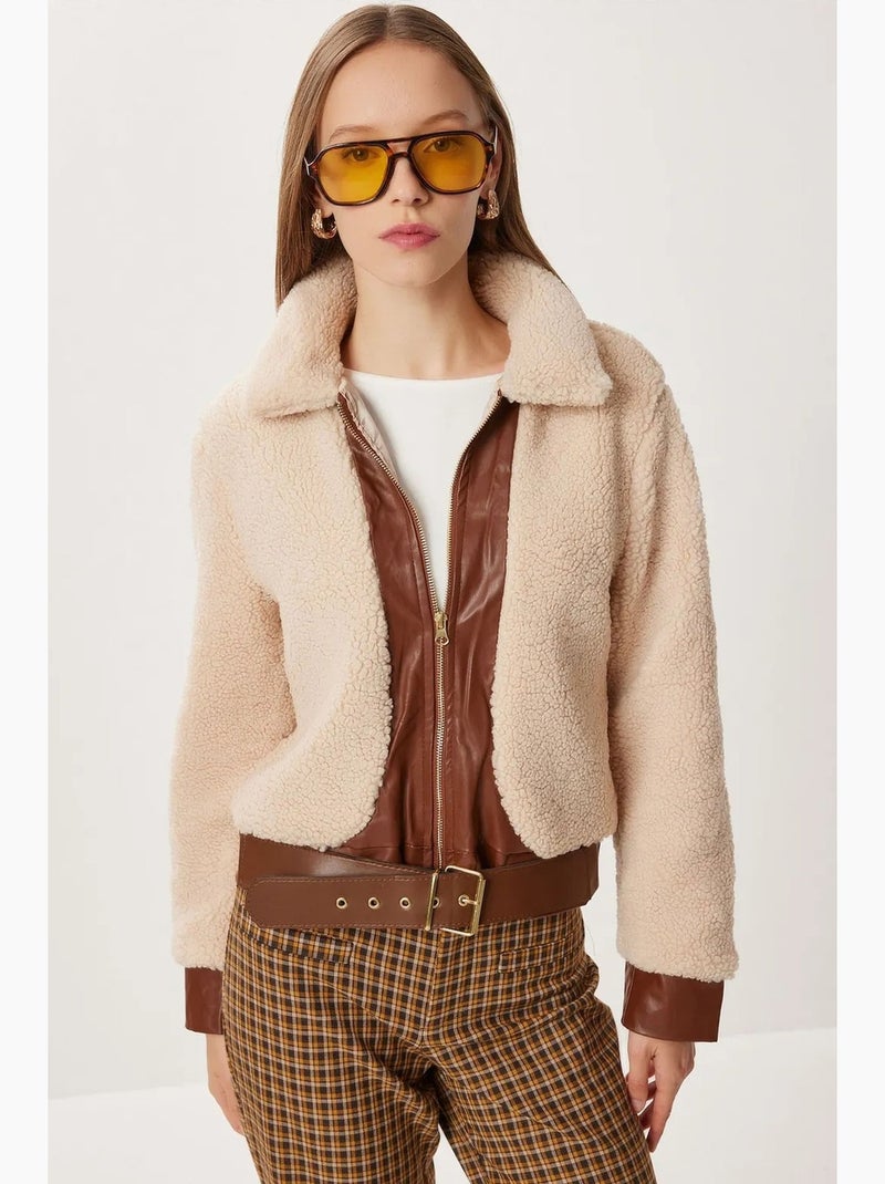 Giacca plush con dettagli in ecopelle istanbul Beige argilla - Kiabi
