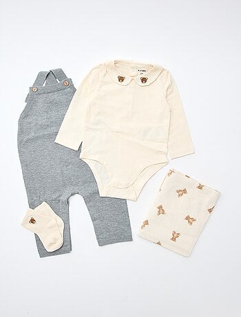 CONFEZIONE REGALO salopette lunga in maglia + body + mussola double gaze + calzini