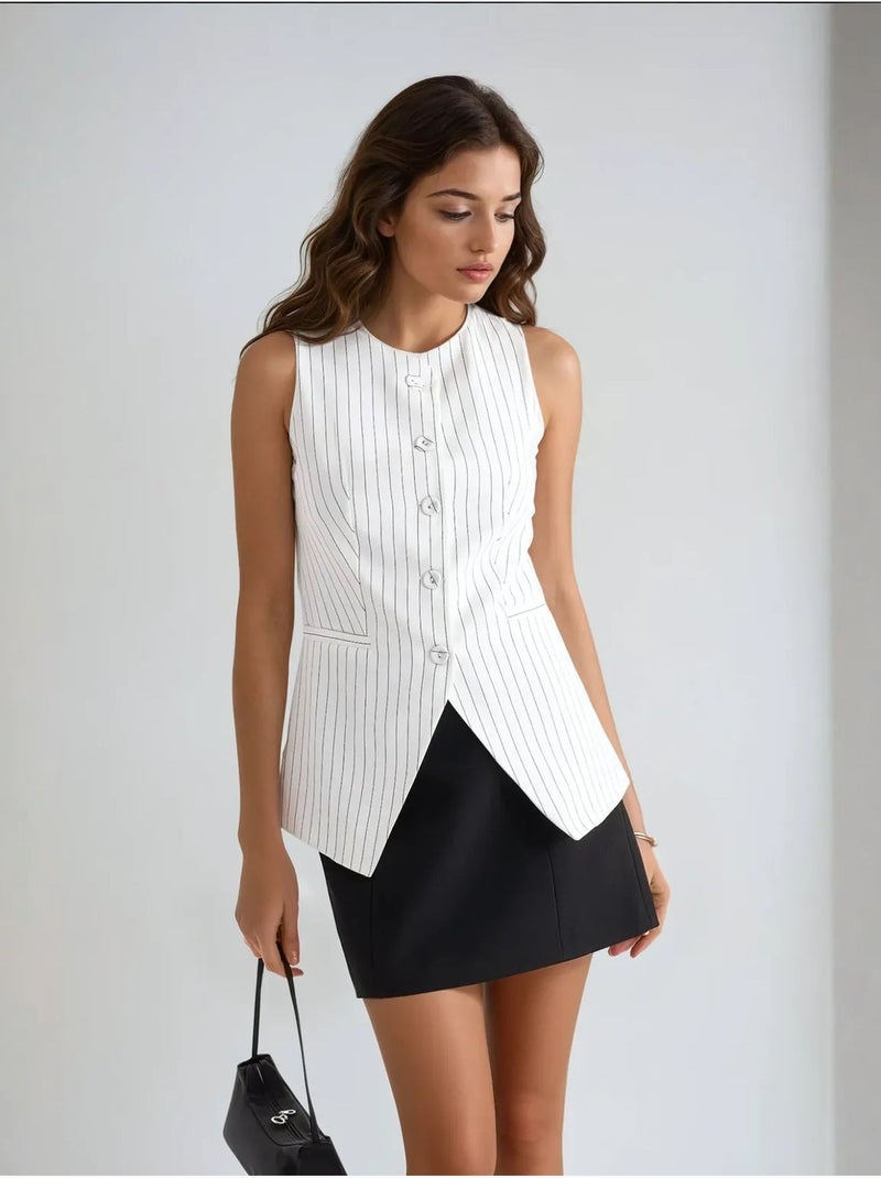 Gilet a righe con scollo rotondo e bottoni Bianco - Kiabi