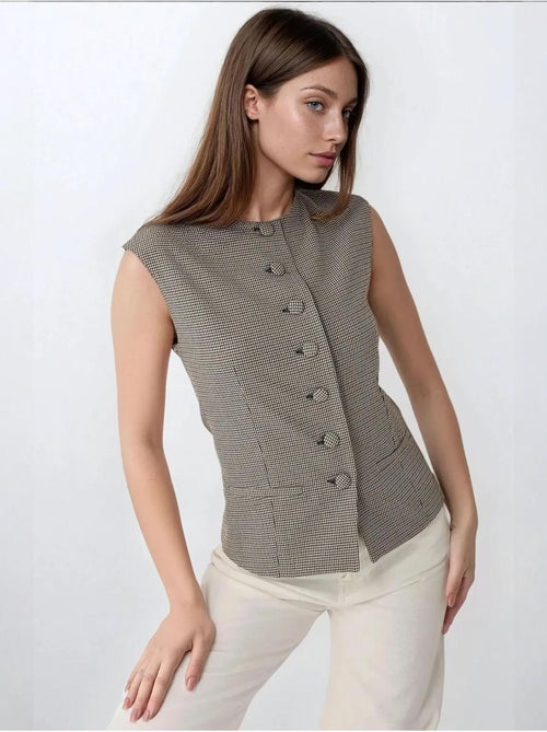 Gilet aderente a quadri con scollo rotondo - Kiabi