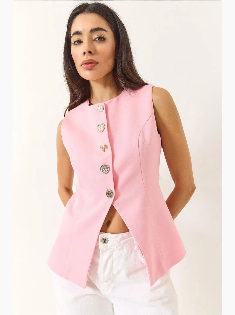 Gilet aderente senza maniche con bottoni sul davanti e scollo girocollo lucci Rosa fluo/Solinotes - Kiabi