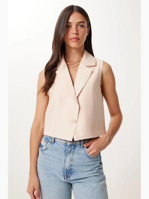 Gilet cropped in lino senza maniche con collo a scialle istanbul - Kiabi Gilet cropped in lino senza maniche con collo a scialle istanbul - Kiabi