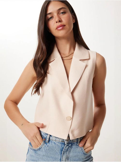 Gilet cropped in lino senza maniche con collo a scialle istanbul - Kiabi Gilet cropped in lino senza maniche con collo a scialle istanbul - Kiabi