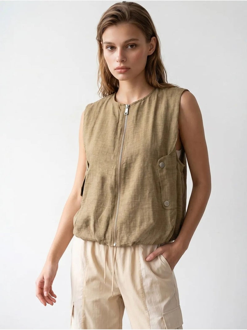 Gilet da donna in popeline tessuto con zip frontale mixray Cachi - Kiabi