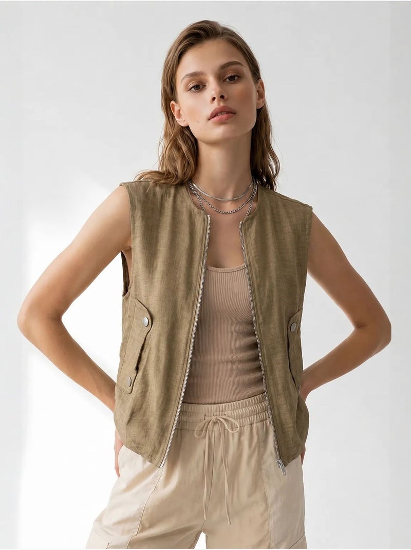 Gilet da donna in popeline tessuto con zip frontale mixray Cachi - Kiabi
