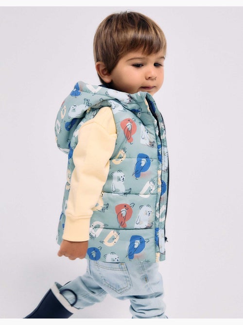 Gilet imbottito con cappuccio e lettere stampate - Kiabi Gilet imbottito con cappuccio e lettere stampate - Kiabi