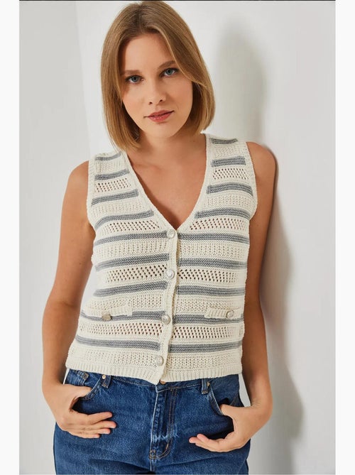 Gilet in maglia a righe con scollo a v e tre bottoni lucci - Kiabi Gilet in maglia a righe con scollo a v e tre bottoni lucci - Kiabi