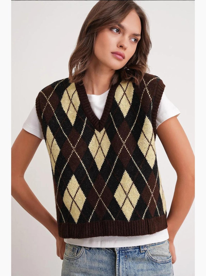 Gilet in maglia con scollo a v e motivo argyle mixray Marrone chiaro - Kiabi