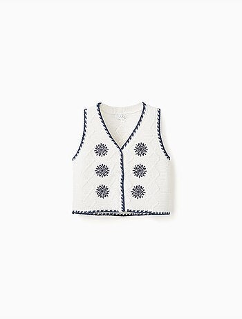 Gilet in maglia di cotone con fiori ricamati