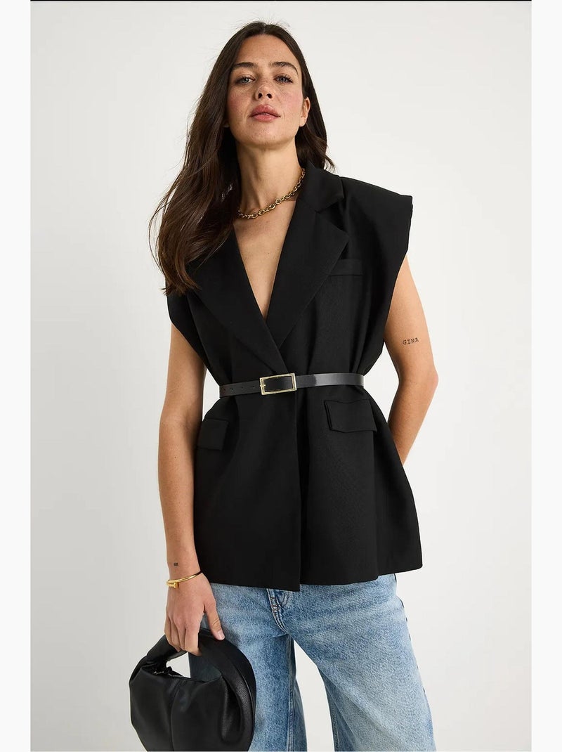 Gilet lungo con collo a scialle e cintura lucci Nero - Kiabi