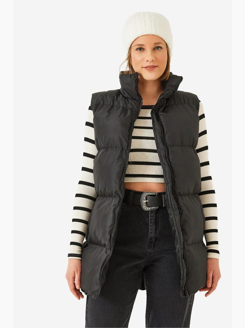 Gilet lungo con collo alla coreana e doppie tasche lucci Nero - Kiabi