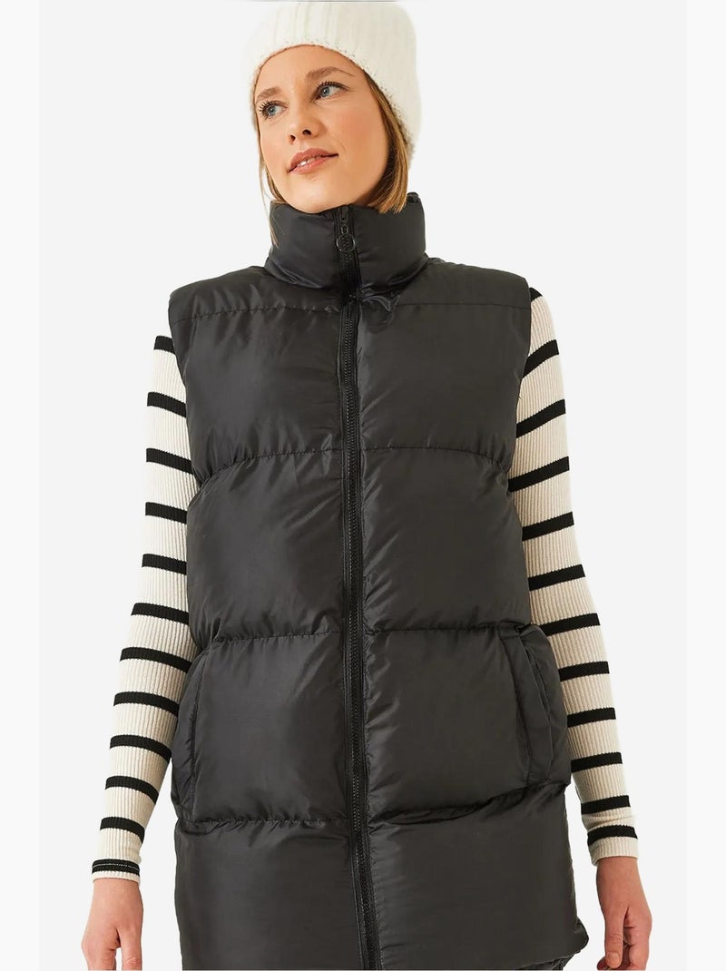Gilet lungo con collo alla coreana e doppie tasche lucci Nero - Kiabi