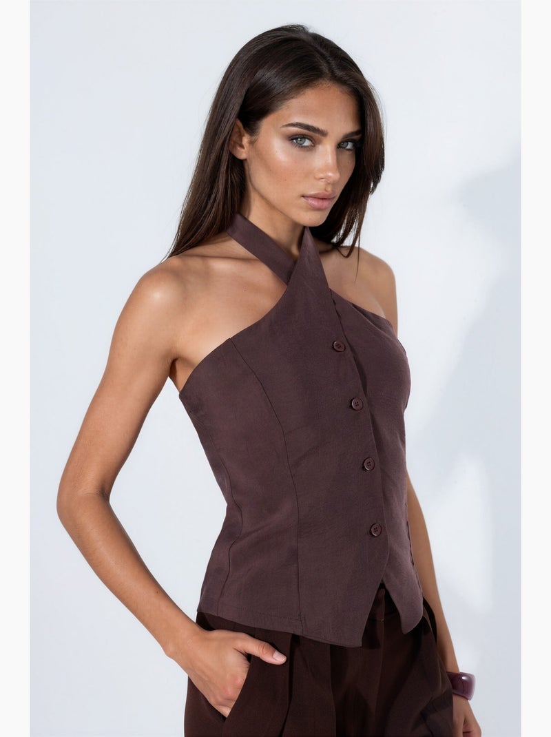 Gilet sartoriale in misto modal scollo all’americana aderente con nodo hiccup Marrone scuro - Kiabi