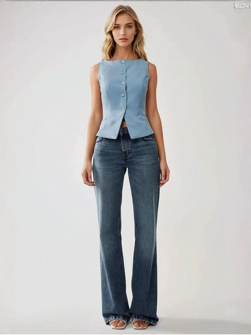 Gilet senza maniche aderente con scollo rotondo e bottoni hiccup Blu cielo - Kiabi