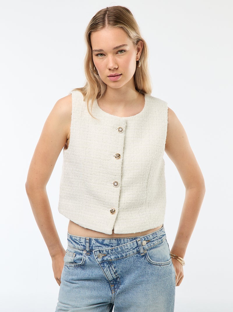 Gilet smanicato in tweed con bottoni fantasia Beige - Kiabi