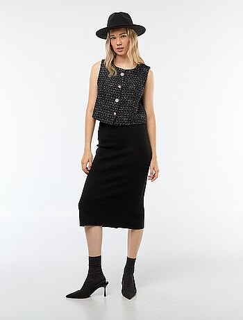 Gilet smanicato in tweed con bottoni fantasia