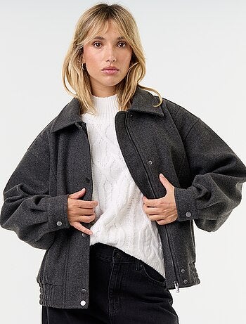 Giubbotto oversize effetto lana con collo in pelliccia rimovibile