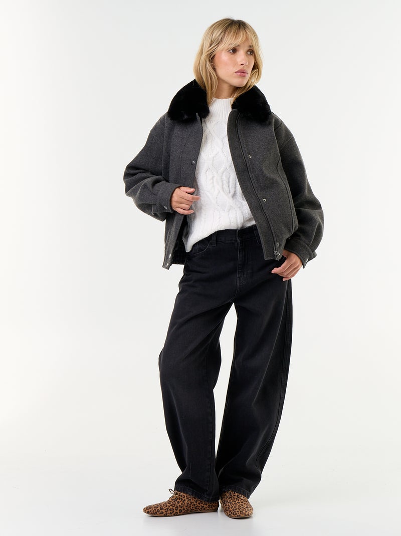 Giubbotto oversize effetto lana con collo in pelliccia rimovibile Grigio - Kiabi