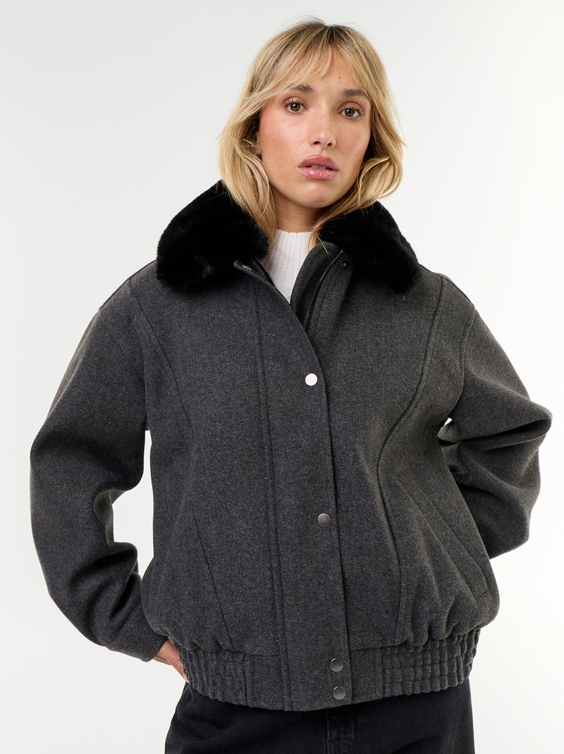 Giubbotto oversize effetto lana con collo in pelliccia rimovibile Grigio - Kiabi