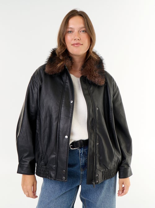 Giubbotto oversize in similpelle con collo in pelliccia sintetica rimovibile - Kiabi