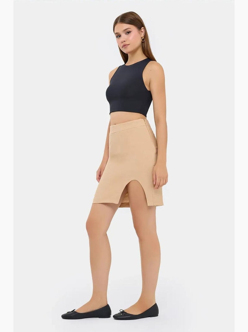 Gonna a vita alta con orlo senza cuciture e spacco hiccup Beige naturale - Kiabi
