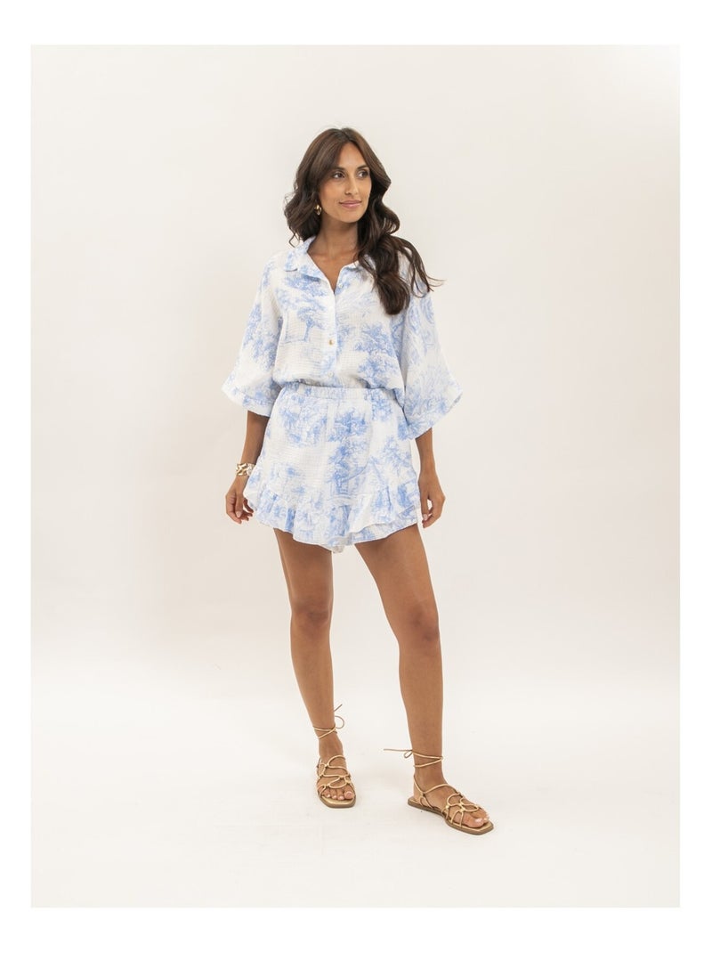 Gonna corta in garza di cotone con motivi toile de jouy XALONE Blu - Kiabi