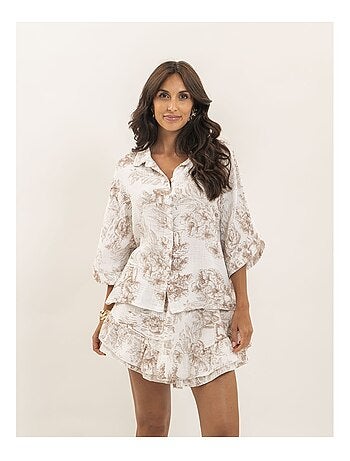 Gonna corta in garza di cotone con motivi toile de jouy XALONE