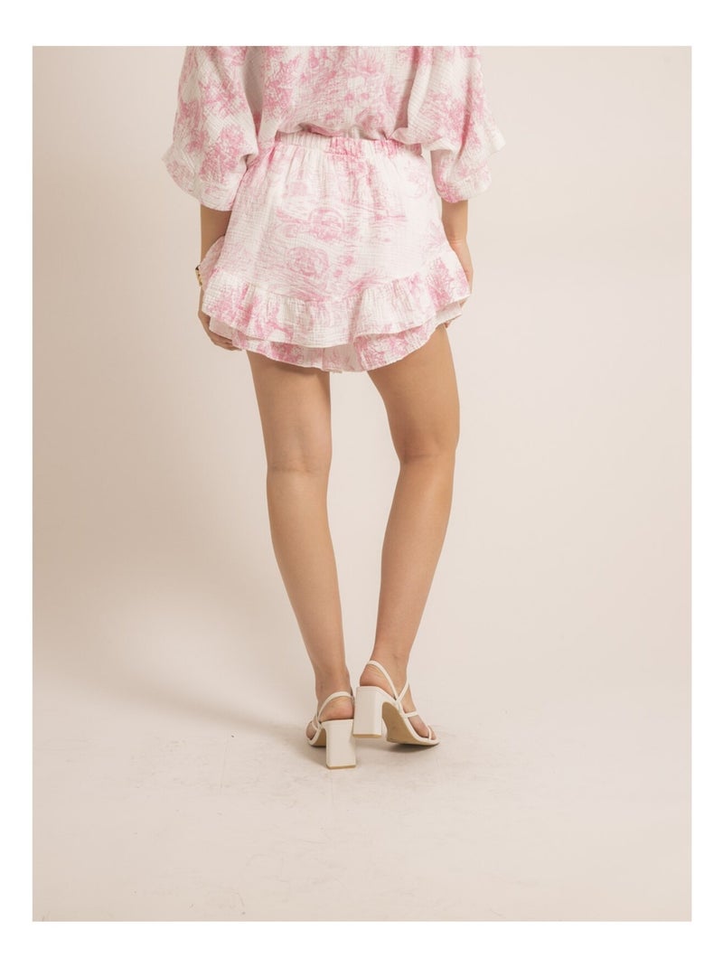 Gonna corta in garza di cotone con motivi toile de jouy XALONE Rosa - Kiabi