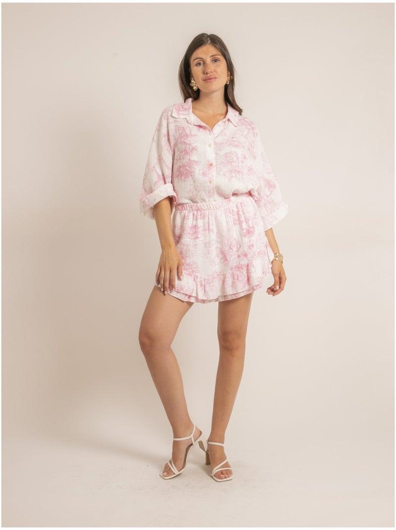 Gonna corta in garza di cotone con motivi toile de jouy XALONE Rosa - Kiabi