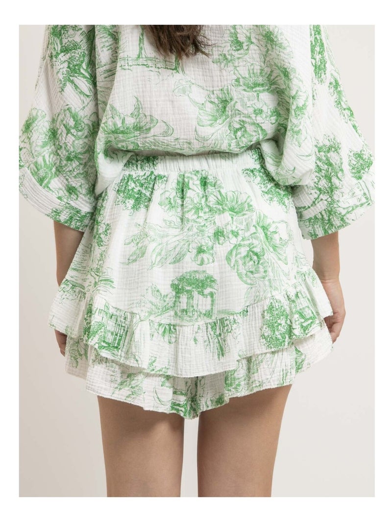 Gonna corta in garza di cotone con motivi toile de jouy XALONE Verde - Kiabi