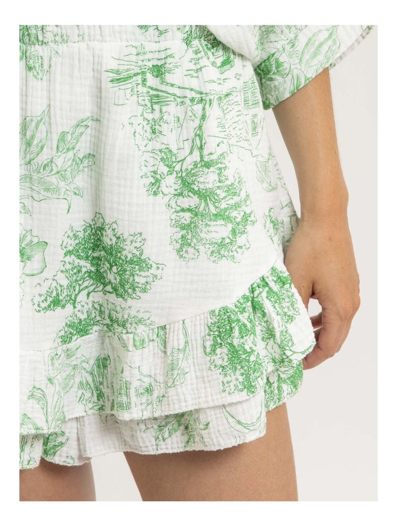 Gonna corta in garza di cotone con motivi toile de jouy XALONE Verde - Kiabi