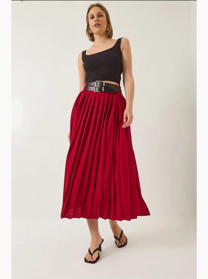 Gonna lunga a pieghe con doppia cintura e spacco lucci Rosso bordeaux - Kiabi