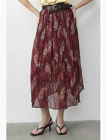 Gonna lunga a vita alta con stampa paisley e cintura lucci