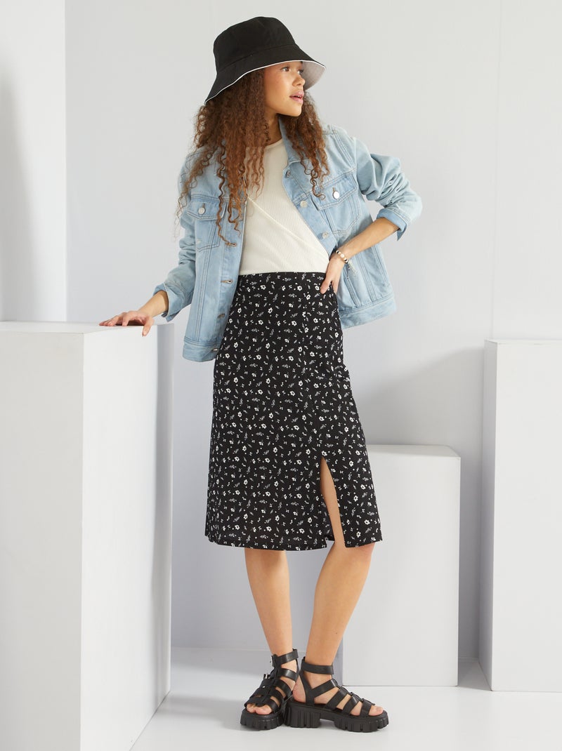 Gonna lunga con spacco in maglia goffrata a fiori NERO - Kiabi