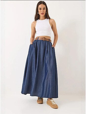 Gonna lunga svasata estiva in denim con cintura e tasche lucci