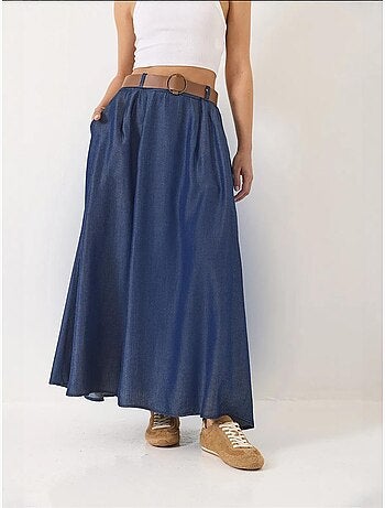 Gonna lunga svasata estiva in denim con cintura e tasche lucci