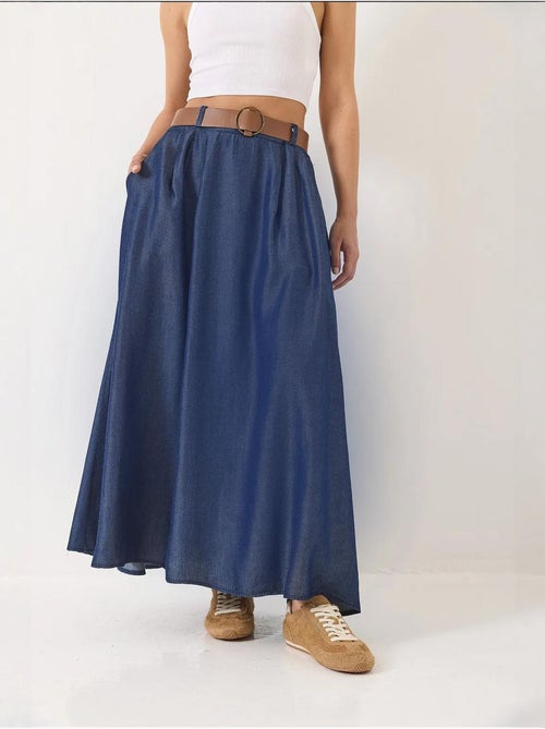 Gonna lunga svasata estiva in denim con cintura e tasche lucci - Kiabi Gonna lunga svasata estiva in denim con cintura e tasche lucci - Kiabi