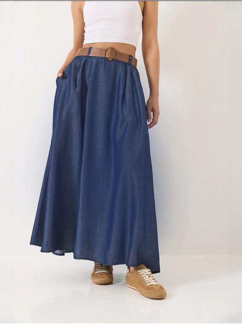 Gonna lunga svasata estiva in denim con cintura e tasche lucci Blu marino - Kiabi