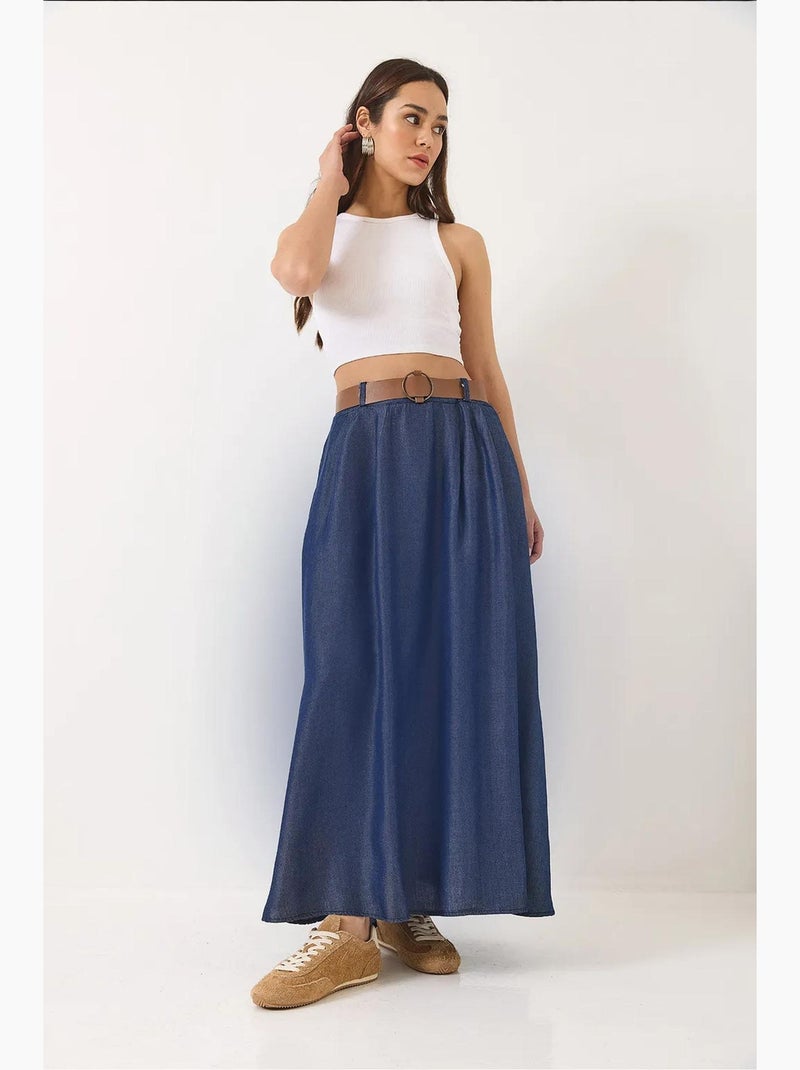 Gonna lunga svasata estiva in denim con cintura e tasche lucci Blu marino - Kiabi