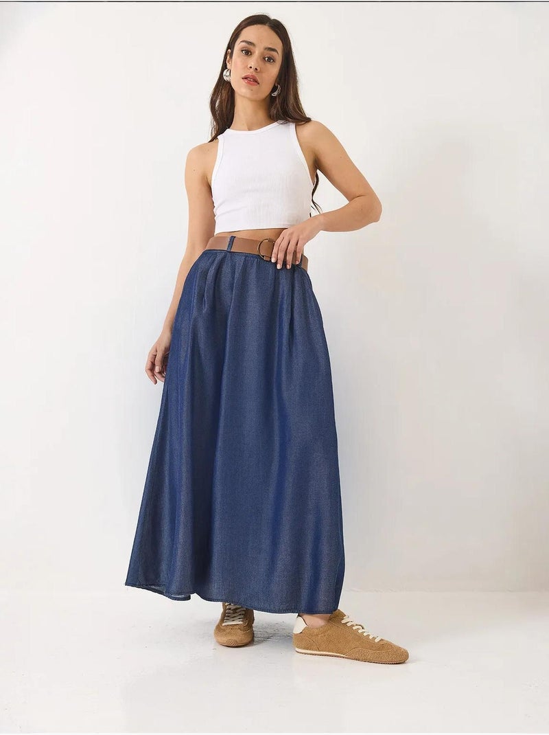 Gonna lunga svasata estiva in denim con cintura e tasche lucci Blu marino - Kiabi