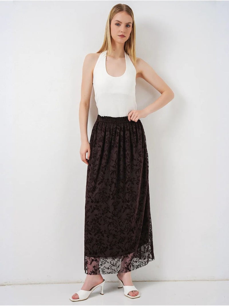 Gonna maxi a trapezio a vita alta a fiori bdart Marrone cioccolato - Kiabi