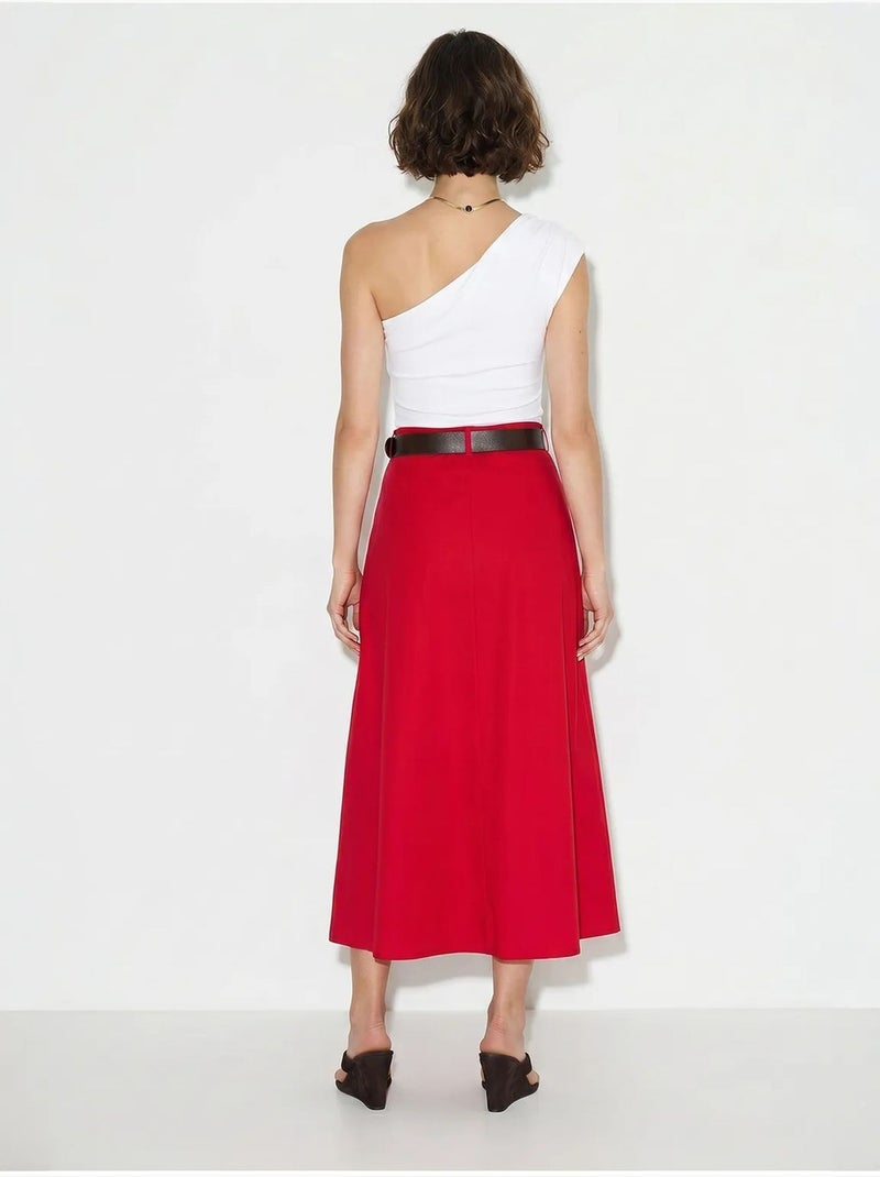 Gonna maxi a trapezio a vita alta con cintura lucci Rosso - Kiabi