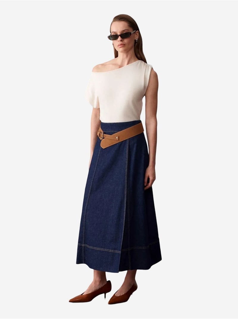 Gonna maxi in denim a linea a a vita alta con cintura dilvin Blu oltremare - Kiabi