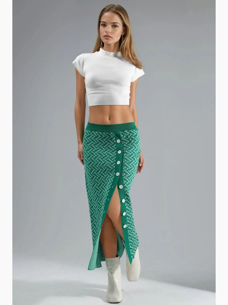 Gonna maxi in maglia geometrica a vita alta con chiusura a bottoni my fashion Verde scuro - Kiabi