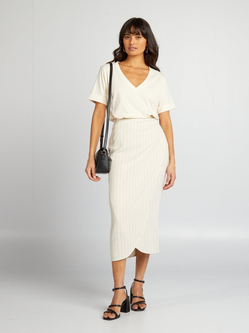 Gonna midi a righe effetto incrociato BEIGE - Kiabi
